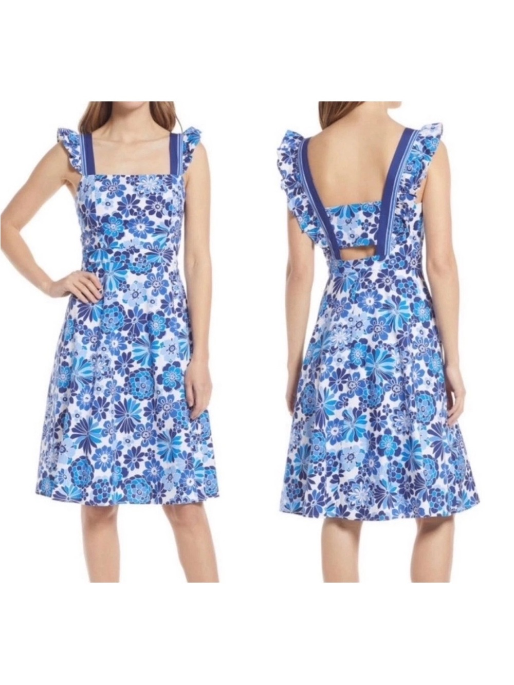 Tahari Blue & White Floral Square-Neck Midi Dress